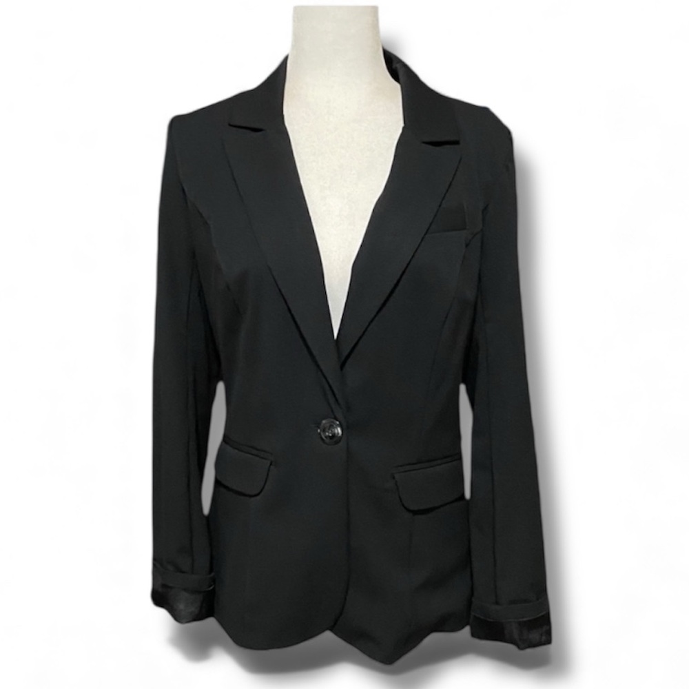 Black Fitted One Button Blazer Power Professional Jacket Button Sleeve Chic Boss